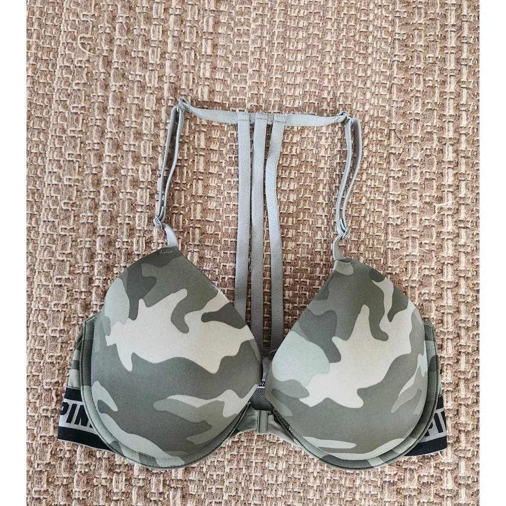 Victoria's Secret PINK SZ 32D Green Camo Wear Everywhere Push Up Bra Racerback
